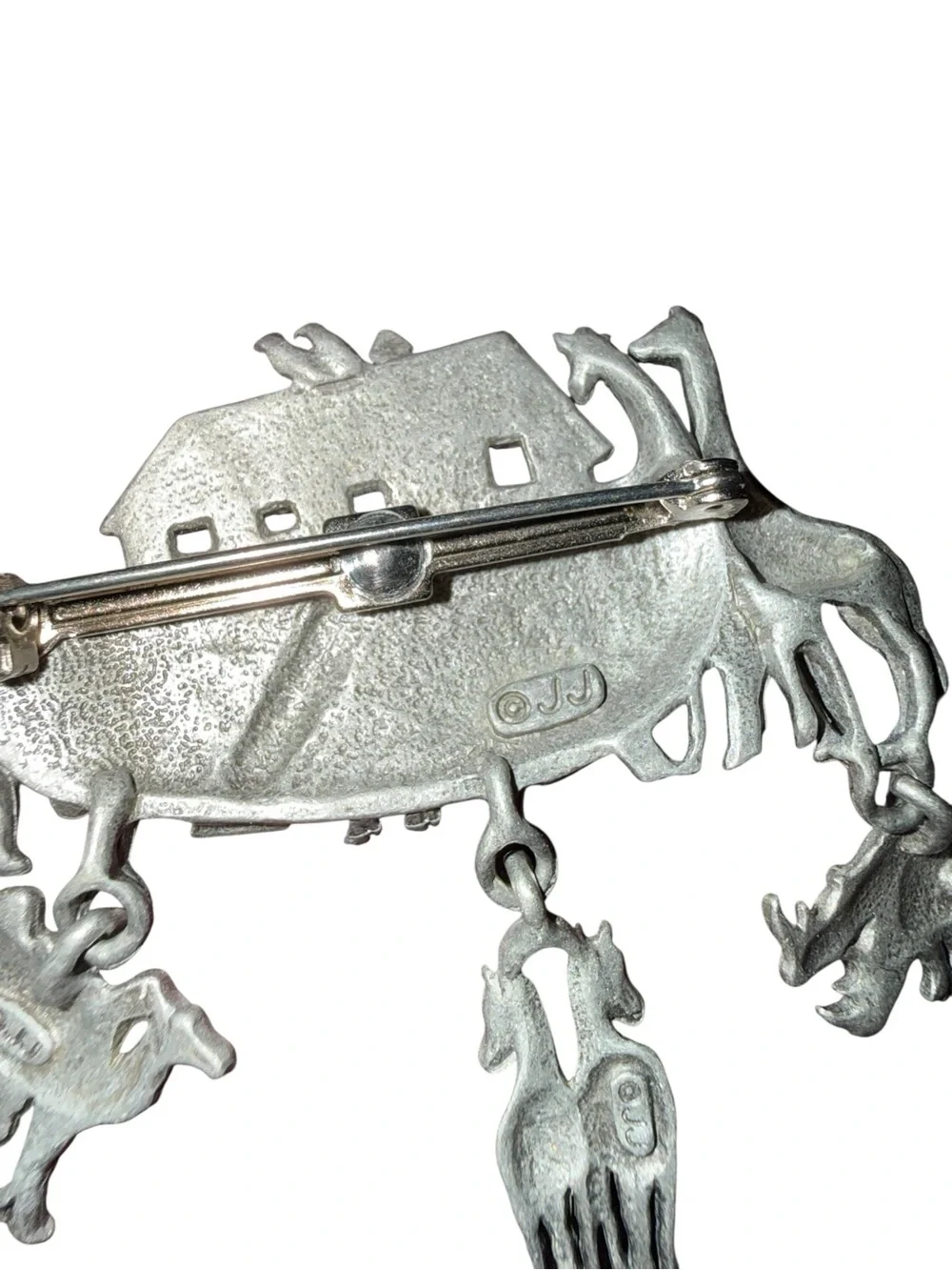 Vintage JJ Noah’s Ark Animal Dangle Brooch Pewter Tone Statement Pin Whimsigoth